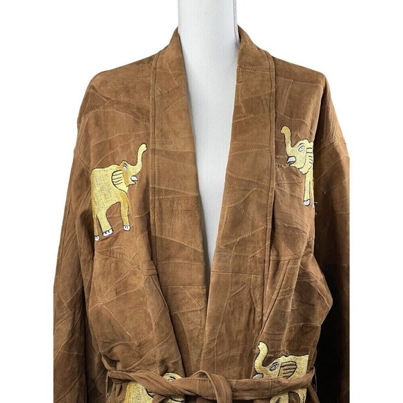 The African Star Long Suede Leather Coat Belted Embroidered Elephants XL Vintage - Picture 2 of 16